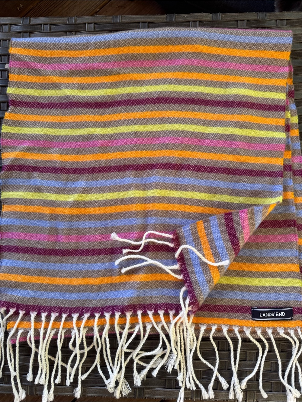 Lands' End Striped Fringe Scarf in Brown, Orange, Pink, Yellow and Blue - Picture 2 of 3